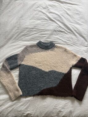 OAK + FORT Colorblock Turtleneck Sweater in Cream, Gray & Brown